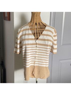 Women's STUDIO Tan Cream Striped Short Sleeve Cardigan M
